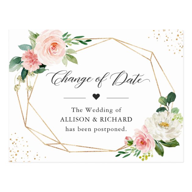 Change of Date Elegant Geometric Blush Pink Floral Postcard
