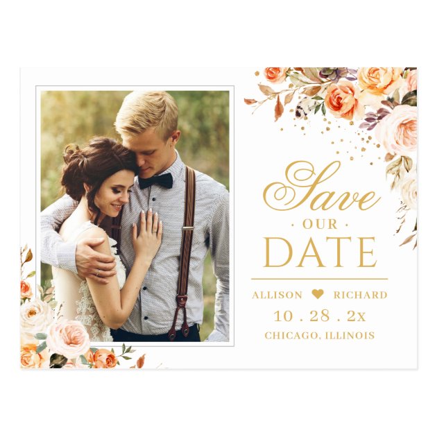 Rustic Autumn Gold Floral Wedding Save the Date Postcard