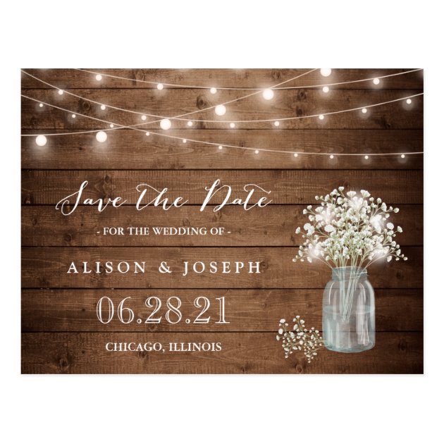 Baby's Breath Rustic String Lights Save the Date Postcard