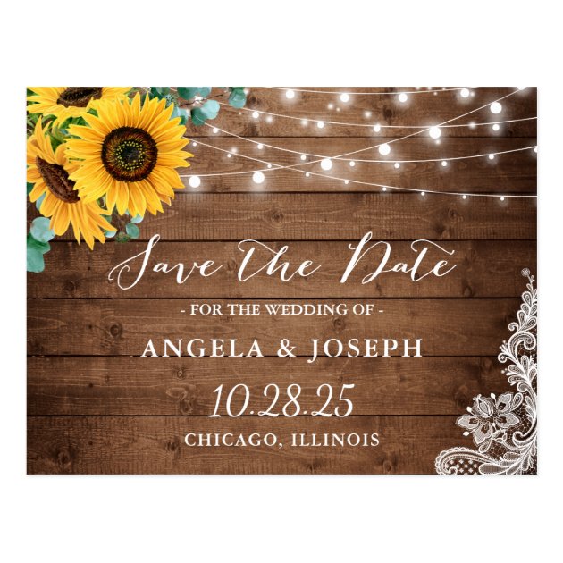 Rustic Wood Sunflower String Lights Save the Date Postcard