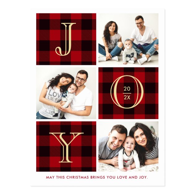JOY | Red Plaid Photo Collage Christmas Holiday Postcard