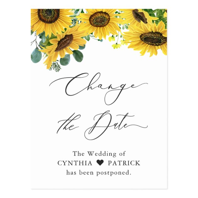 Wedding Change the Date Elegant Sunflower Script Postcard