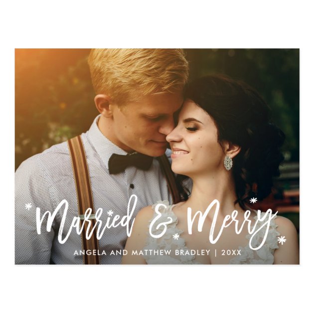Married and Merry Calligraphy Christmas Photo Postcard