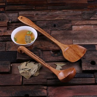 Engraved Long Handled Wooden Soup Ladle & Spatula