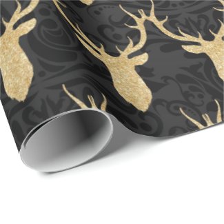 Elegant Gold Christmas Reindeer on black Damask Wrapping Paper