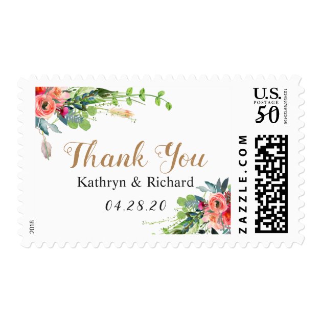Boho Watercolor Country Flowers Thank You Wedding Postage