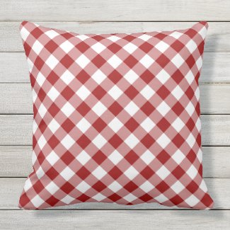 Red and White Diagonal Checked Plaid Outdoor Pillow