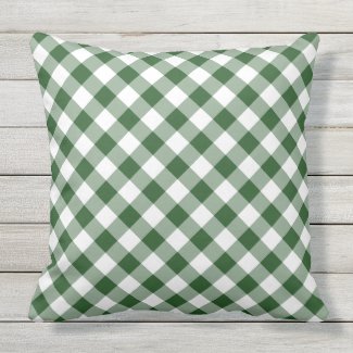 Diagonal Green and White Gingham Checked Plaid Outdoor Pillow
