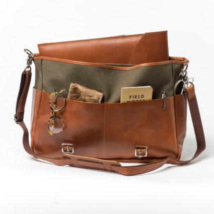 Tan Leather and Green Canvas Messenger Backpack