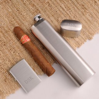 Personalized Cigar Case Flask with Zippo Lighter