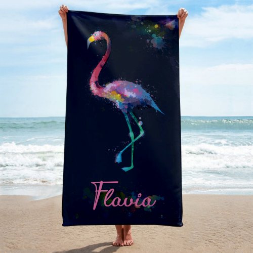 Artistic Watercolor Flamingo Pool Beach Towel