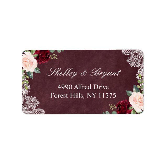 Burgundy Red Blush Watercolor Floral White Lace Label