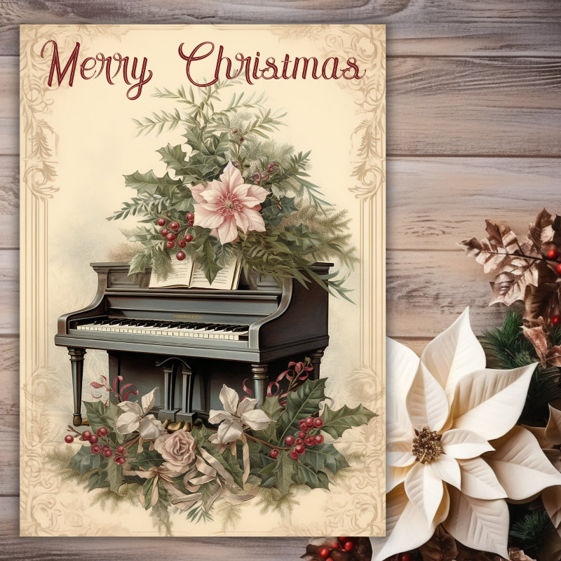 Vintage Christmas Music Grand Piano Greenery Holiday Card (Creator Uploaded)