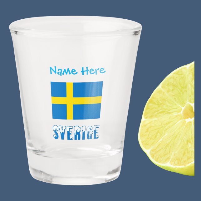 Sverige Svenska Flagga Blue Personalized  Shot Glass (Shot glass with Swedish flag and the word SVERIGE in snow capped letters. Add a name above.)