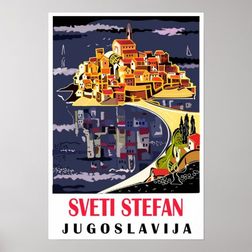 Sveti Stefan island Yugoslavia Montenegro vintage Poster