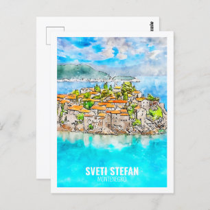 Sveti Stefan Montenegro Travel Watercolor Sketch Postcard