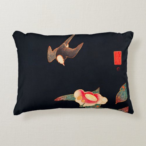 Swallow and Camellia Flower Vintage Bird Japanese  Accent Pillow