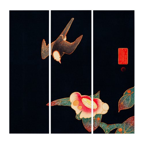 Swallow and Camellia Flower Vintage Bird Japanese  Triptych