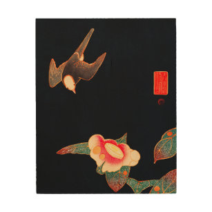 Swallow and Camellia Flower Vintage Bird Japanese  Wood Wall Art