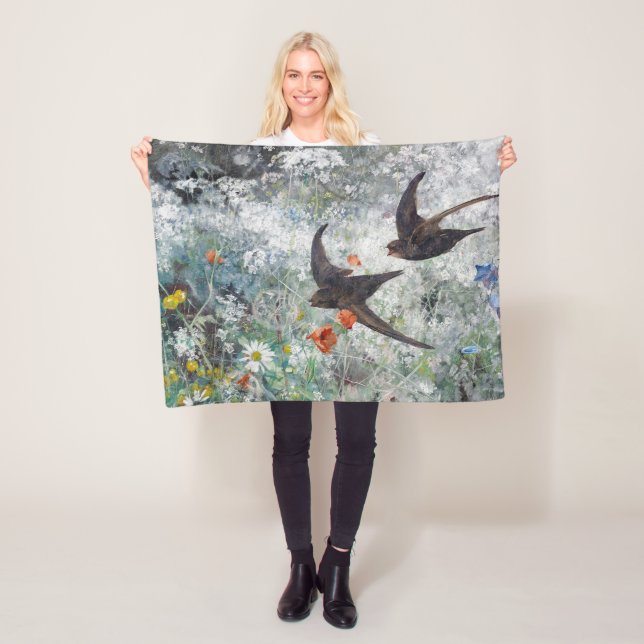 Swallow and Flower Field, Bruno Liljefors Fleece Blanket (In Situ)
