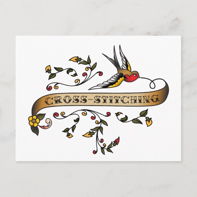 Swallow and Scroll with Cross-stitching Postcard (Front)