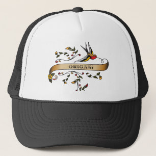 Swallow and Scroll with Origami Trucker Hat
