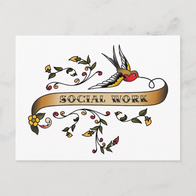 Swallow and Scroll with Social Work Postcard (Front)