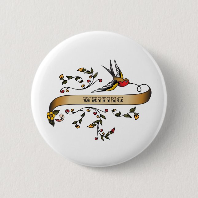Swallow and Scroll with Writing Pinback Button (Front)