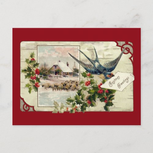Swallow and Sheep Vintage Christmas Holiday Postcard