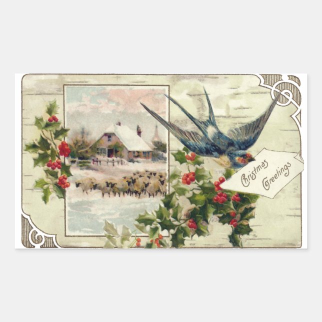Swallow and Sheep Vintage Christmas Rectangular Sticker (Front)