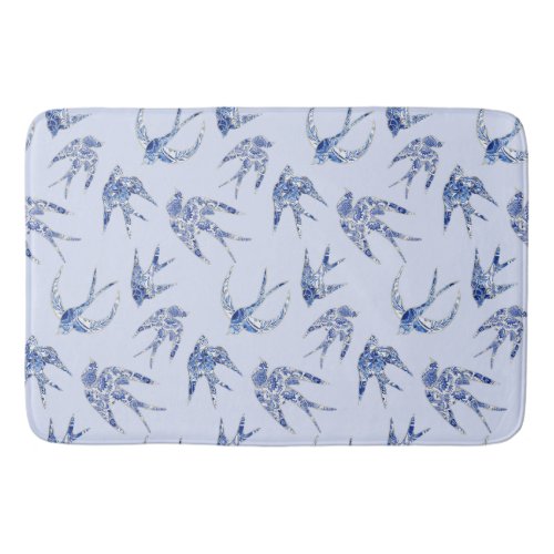 Swallow Bird Floral Blue White Vintage Chinoiserie Bath Mat
