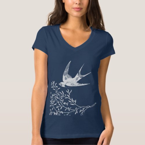 Swallow Bird Flying over Olive Branches   T_Shirt