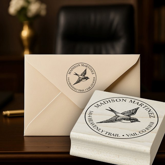 Swallow Bird Return Address Elegant Flight Rubber Stamp (Classy tattoo inspired swallow address stamp with a  decorative vibe that's both classic and fresh.)
