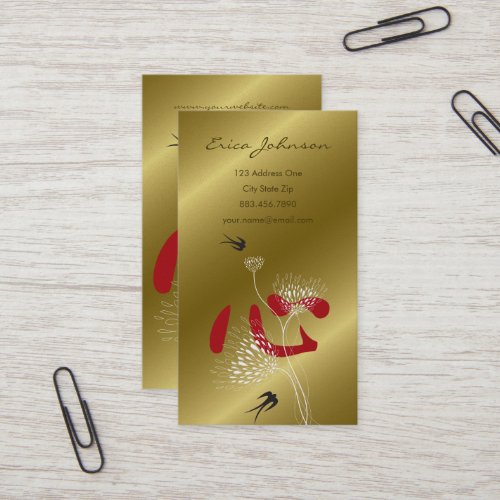 Swallow Birds  Chinese Heart Oriental Floral Gold Business Card