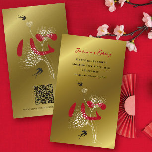 Swallow Birds & Chinese Heart Oriental Floral Gold Business Card