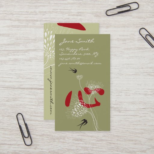 Customizable Swallows Birds Chinese Heart Oriental Kanji Floral Business Card Templates