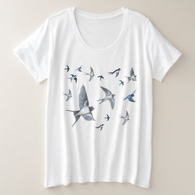  Swallow Birds Flying Illustration Plus Size T-Shirt (Design Front)