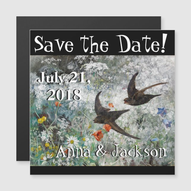 Swallow Birds Wildflowers Save Date Magnet Card (Front/Back)