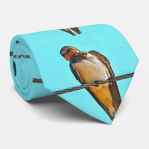 Swallow On A Wire Black Outline Art Neck Tie
