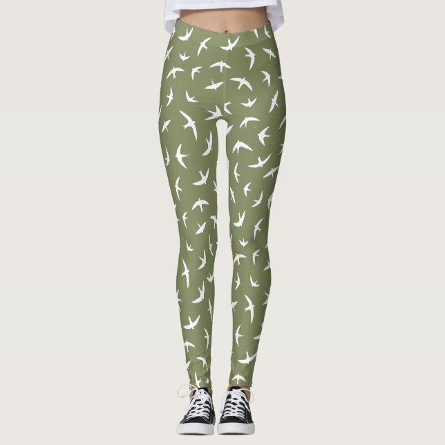 Swallows and Swifts Green White Bird Print Leggings (Front)