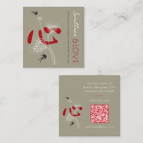Swallows Birds Chinese Heart Kanji Oriental Floral Square Business Card