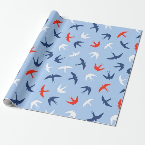 Swallows Birds Sky Flight Pattern Blue Red White Wrapping Paper