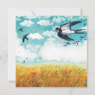 Swallows flying over a wheat field holiday card