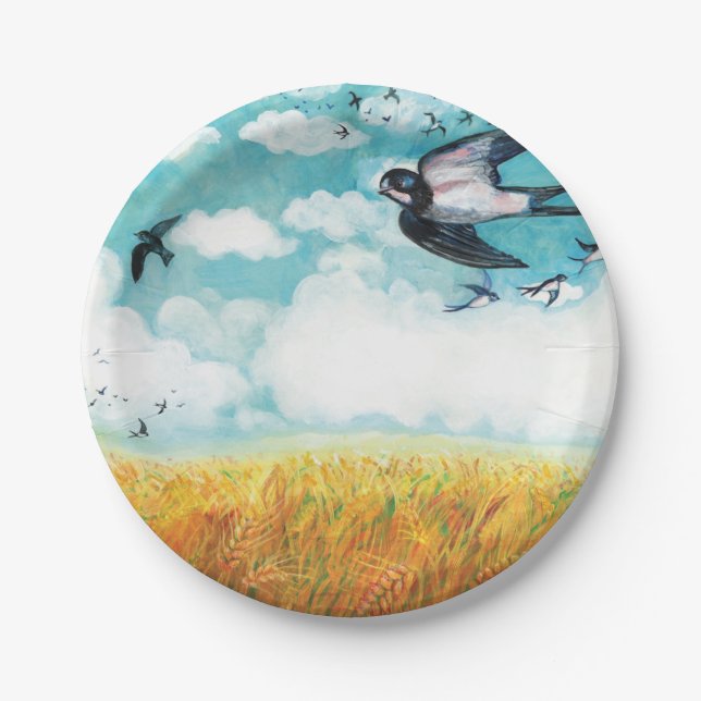 Swallows flying over a wheat field  paper plates (Front)