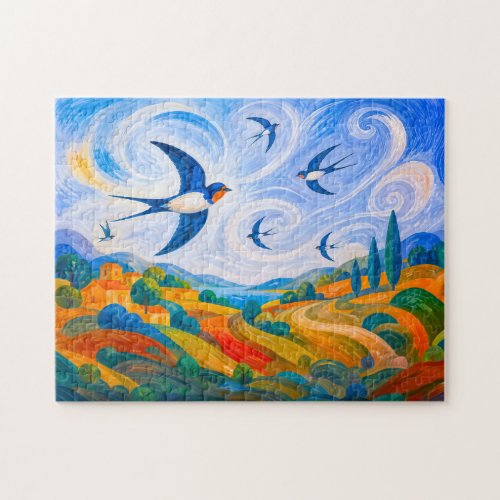 Swallows gliding in windy hillside sky jigsaw puzzle