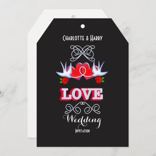 Swallows Hearts And Red Roses Wedding Invitation