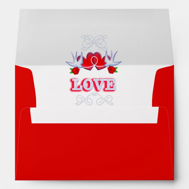 Swallows Love Hearts Red Roses Personalized Envelope (Back (Bottom))