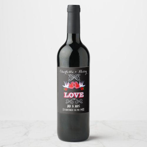 Swallows Love Hearts Red Roses Personalized Wine Label