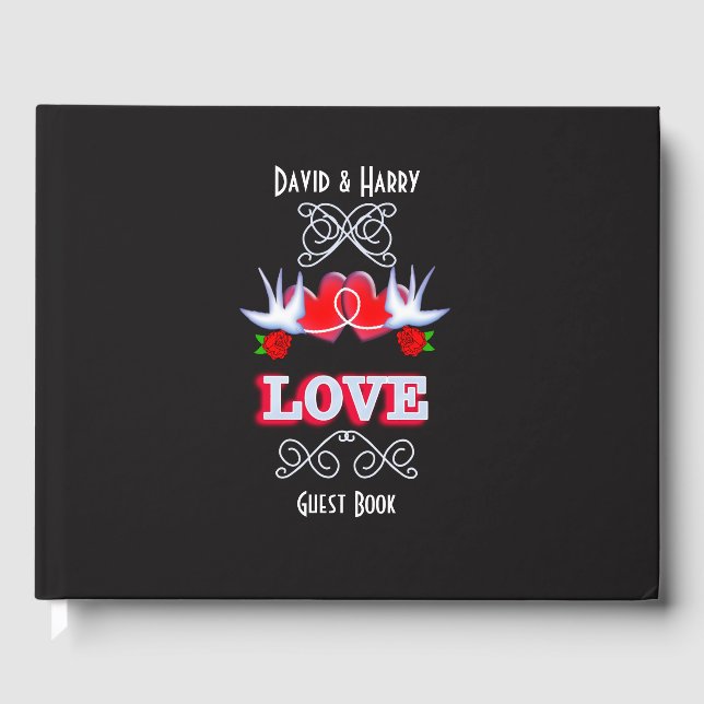 Swallows Love Hearts Roses Red Black Personalized Guest Book (Front)