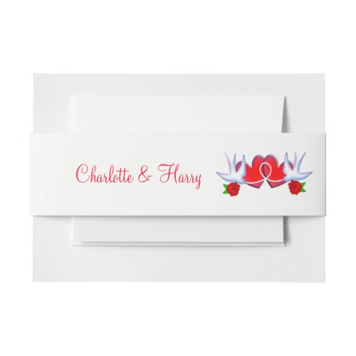Swallows Love Hearts Roses Red White Personalized Invitation Belly Band